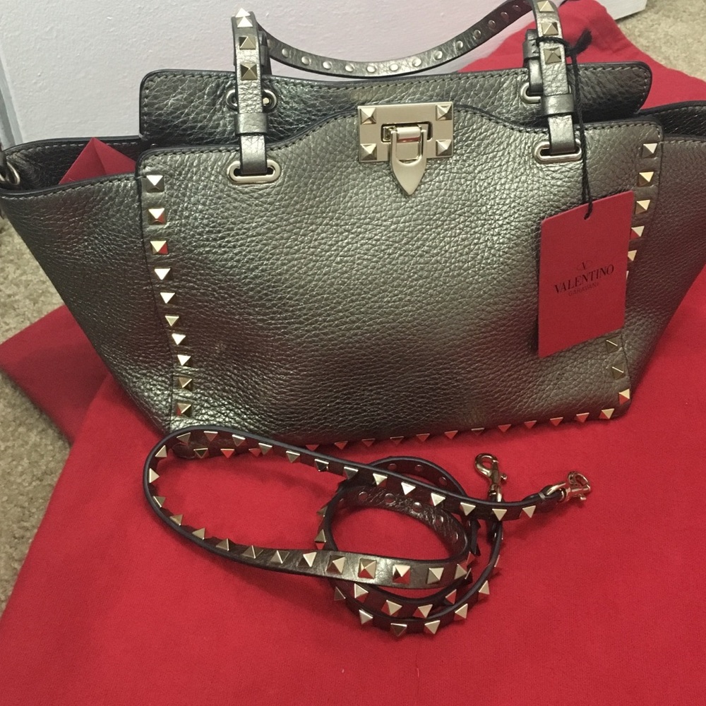 Valentino Garavani Metallic Pewter Rockstud Mini Tote
